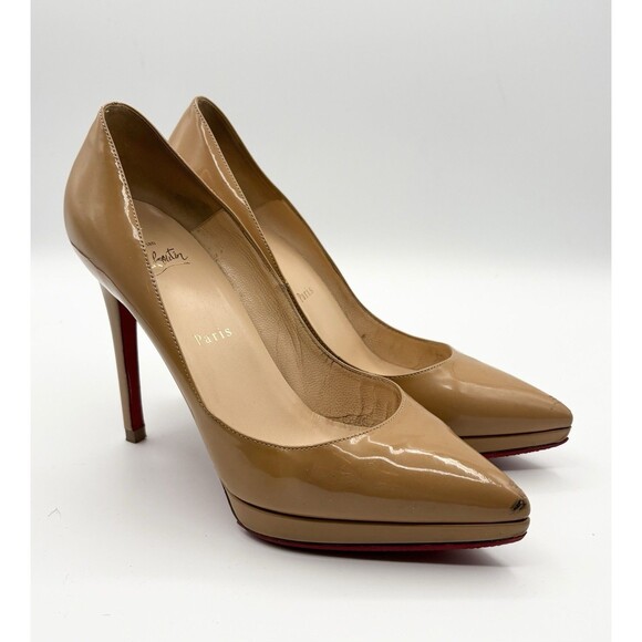 Christian Louboutin Pigalle Plato 120 Nude Patent Leather Stiletto Heels Sz 37.5 - Picture 3 of 14